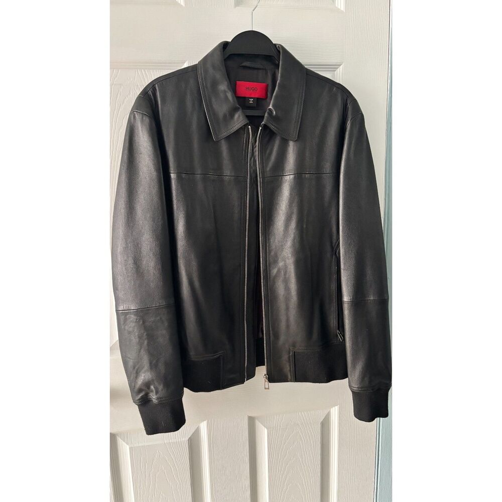 HUGO Hugo Boss Red Label Zippered Black Leather Bomber Jacket Men's M w/pockets